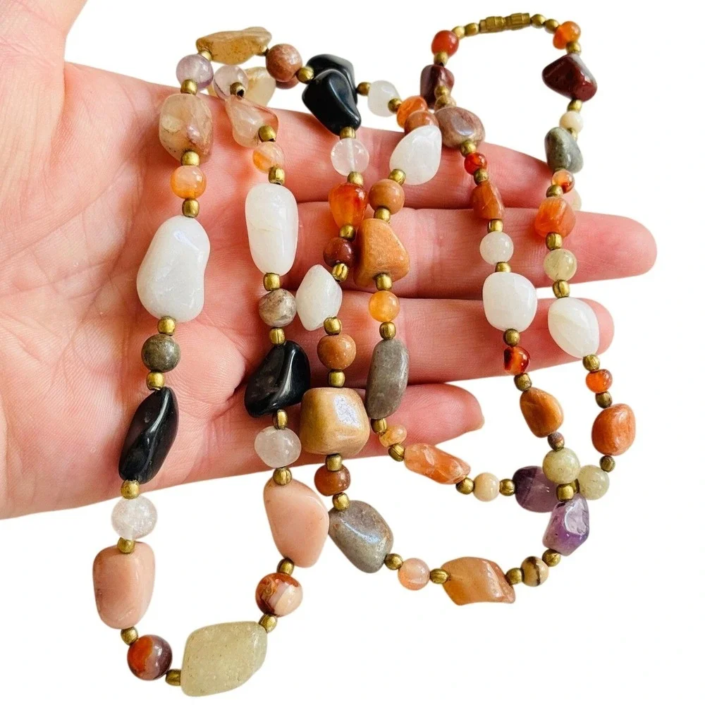 VTG NECKLACe carnelian quartz jasper Beggars round‎ Beads Natural Hippie 34